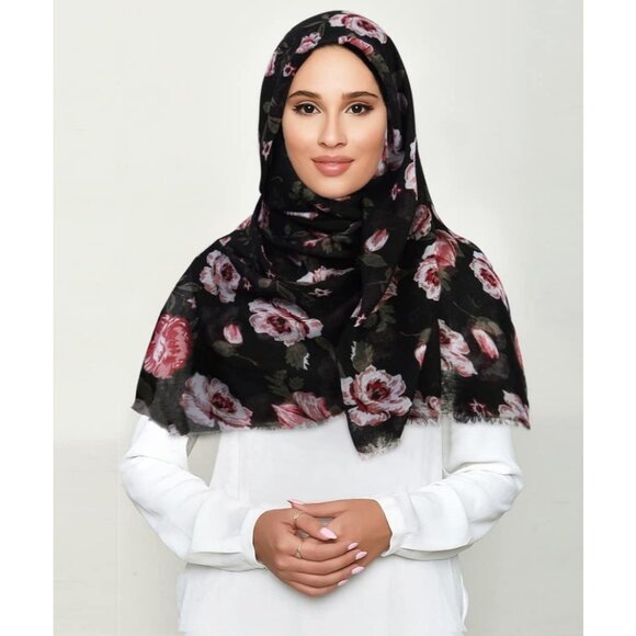 Women Black Fashion Flowers Print Scarves Winter Head Shawl Cotton Wrap - Picture 5 of 9